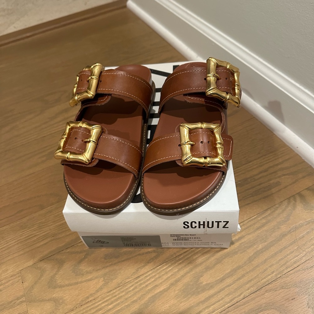 Schutz Women’s Brown Sandals with Gold Buckles